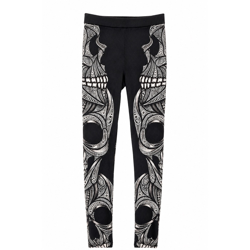 Gearbunch Womens Skull Paisley Graphic Leggings Black White Gothic Punk Size S